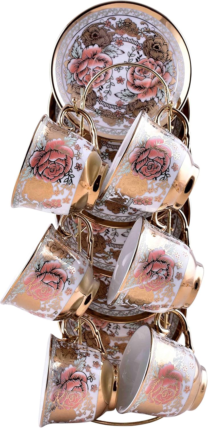 Porcelain Coffee/Tea Set of 12 Pieces with Gold Metal Stand