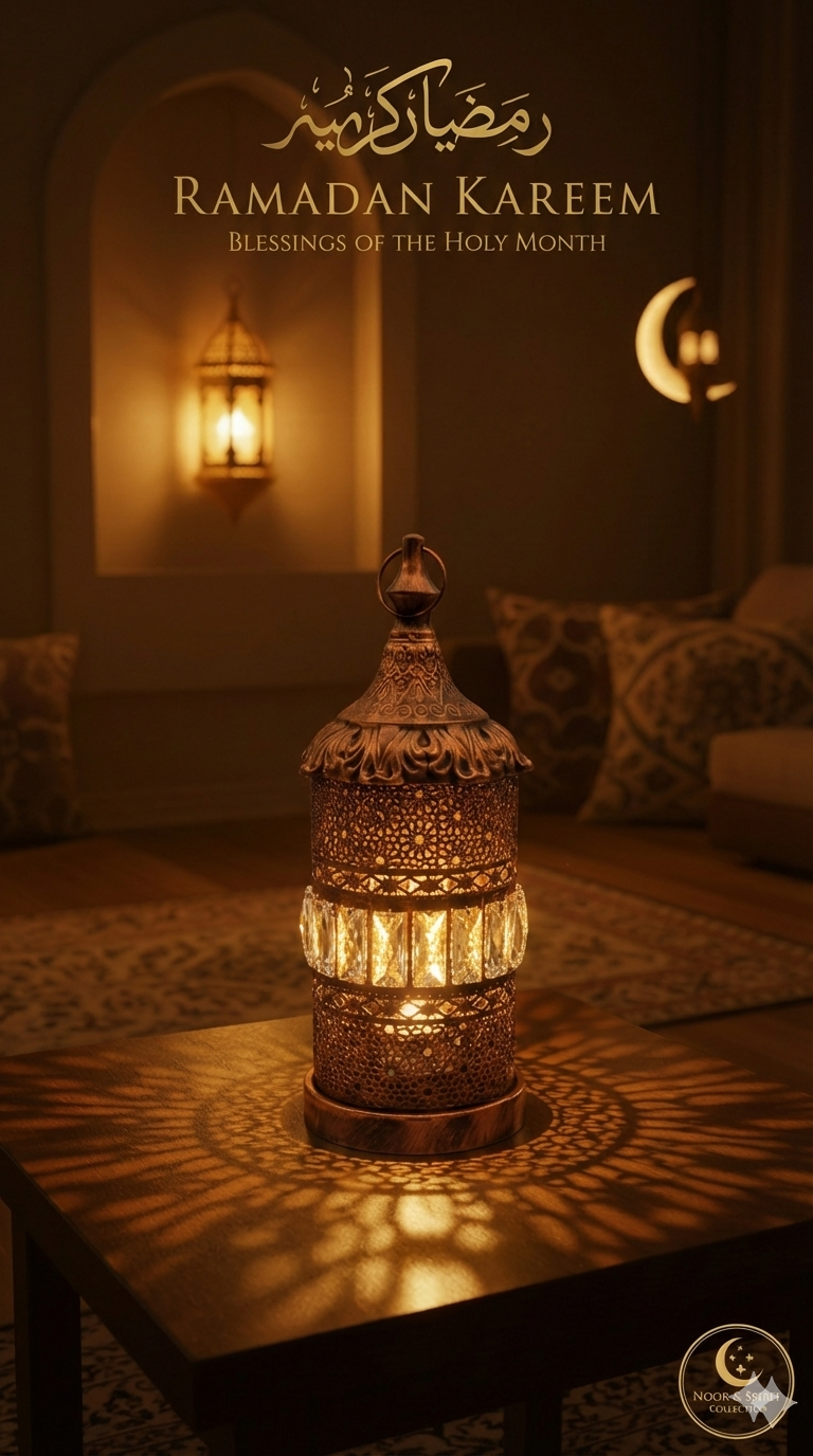 Luxury Gold Ramadan Lantern with Crystal Accents – Elegant LED Islamic Night Light for Eid Mubarak Decor, Traditional Middle Eastern Tabletop Ornament & Hanging Lantern Gift