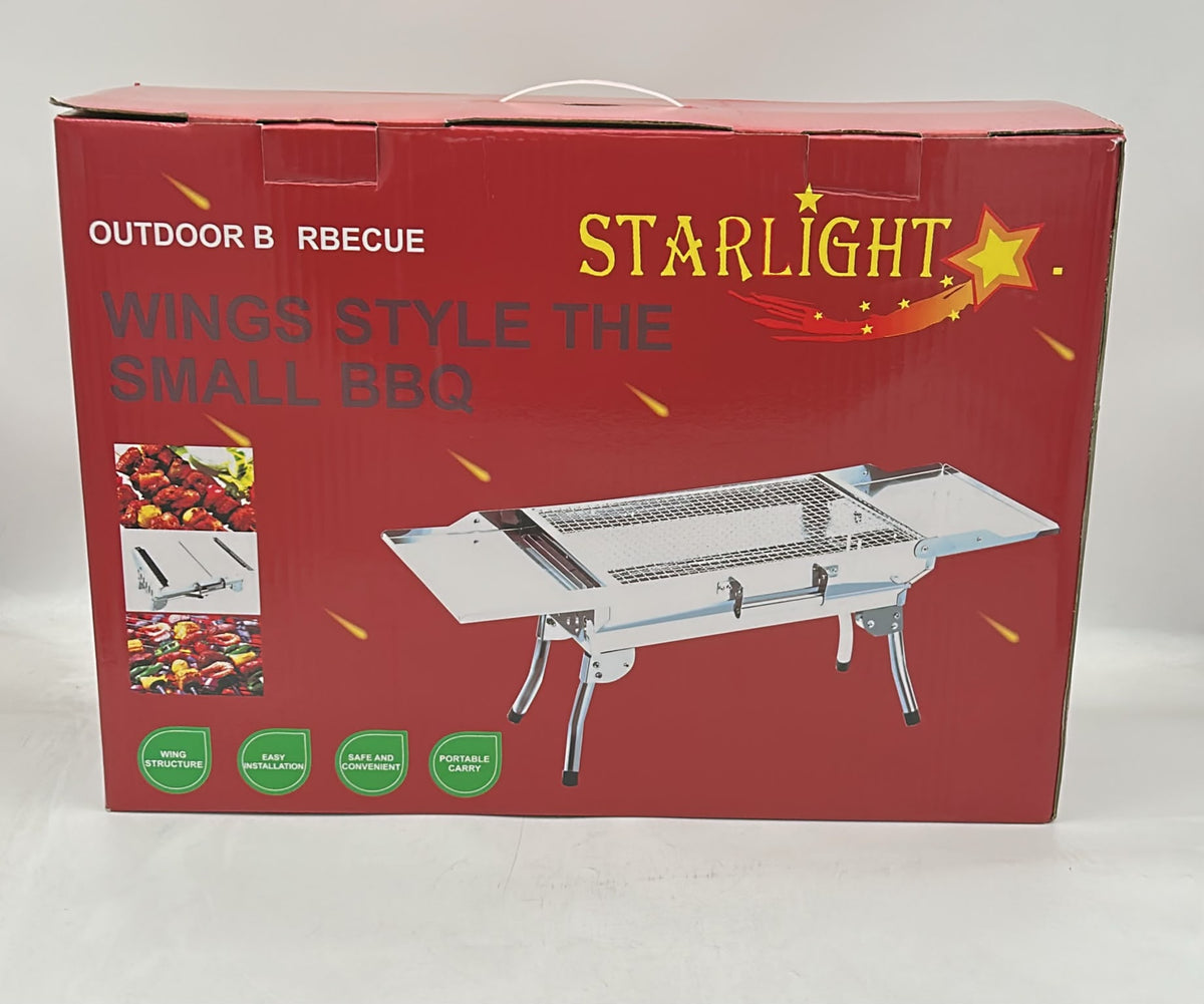 Starlight Stainless Steel Folding Charcoal BBQ Grill with Foldable Side Wings, Portable Outdoor Barbecue with Folding Legs for Camping, Picnics and Backyard Grilling