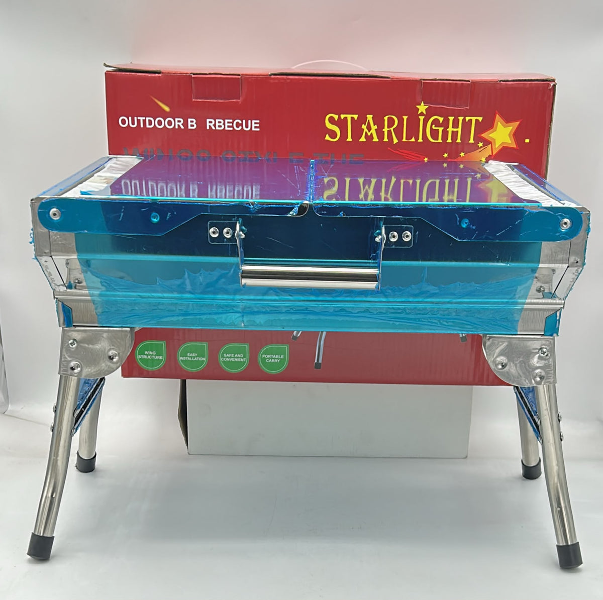 Starlight Stainless Steel Folding Charcoal BBQ Grill with Foldable Side Wings, Portable Outdoor Barbecue with Folding Legs for Camping, Picnics and Backyard Grilling