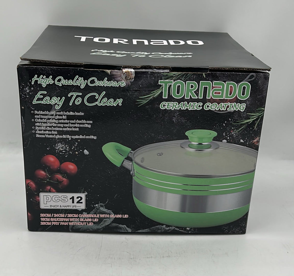 Tornado 12-Piece Green Cookware Set with Ceramic Coating, Glass Lids, Casserole Pots, Saucepan, Frying Pan and Utensils