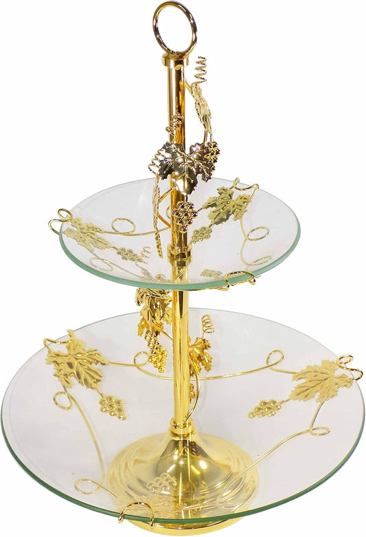 2 Tier Serving Fruit Bowl and Cake Stand Platter With Round Glass Plate