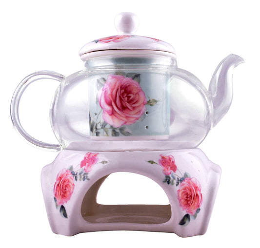 Rose Floral Design Glass Teapot With Infuser and Tea Warmer