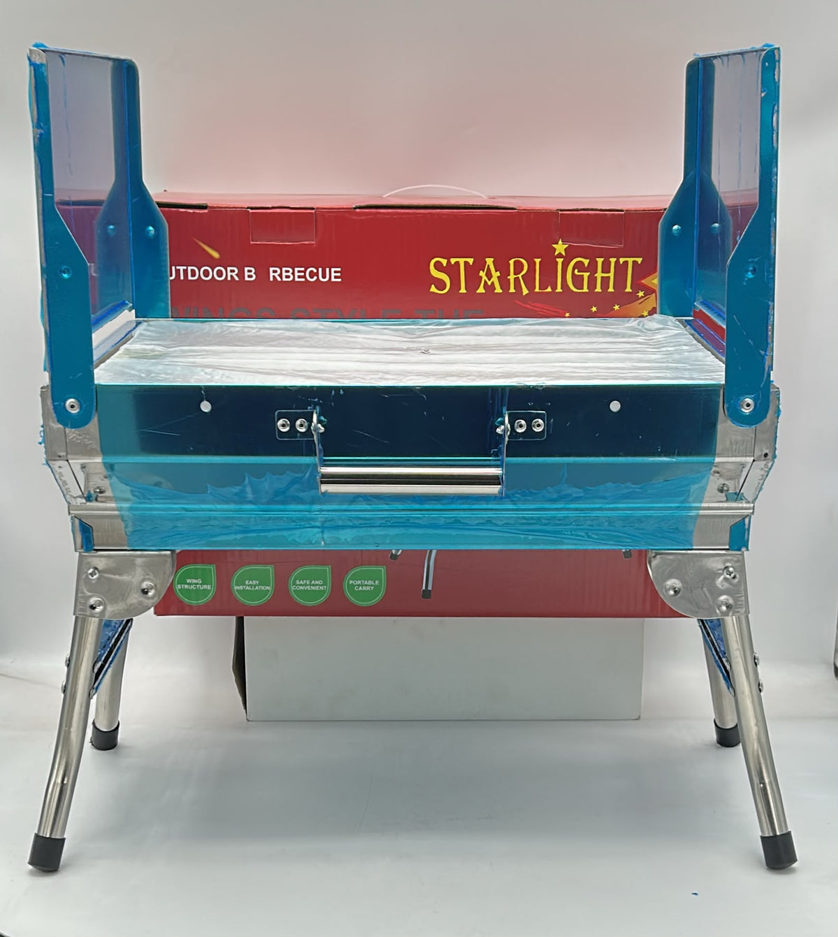 Starlight Stainless Steel Folding Charcoal BBQ Grill with Foldable Side Wings, Portable Outdoor Barbecue with Folding Legs for Camping, Picnics and Backyard Grilling