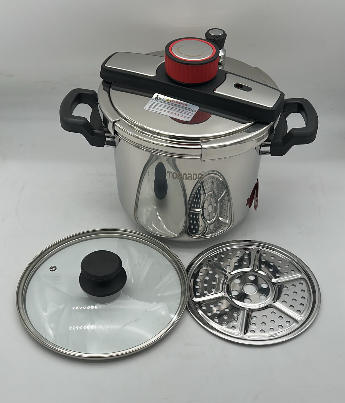 Tornado 5L -> 11 L Stainless Steel Pressure Cooker with Glass Lid and Steamer Basket