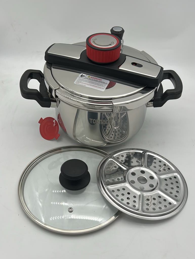 Tornado 5L -> 11 L Stainless Steel Pressure Cooker with Glass Lid and Steamer Basket