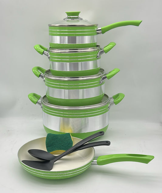 Tornado 12-Piece Green Cookware Set with Ceramic Coating, Glass Lids, Casserole Pots, Saucepan, Frying Pan and Utensils