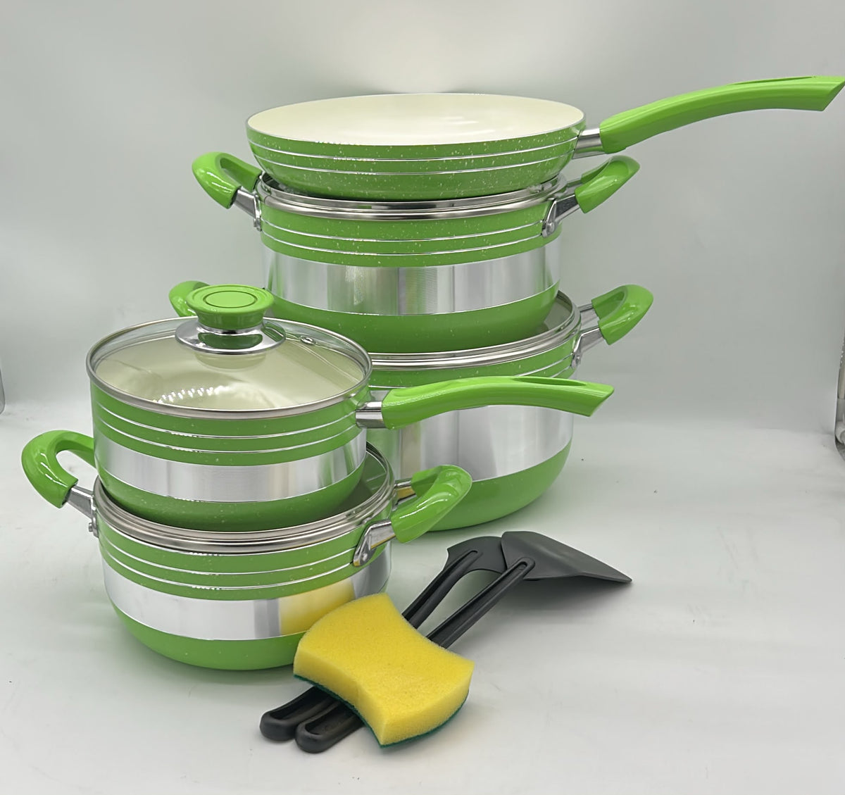 Tornado 12-Piece Green Cookware Set with Ceramic Coating, Glass Lids, Casserole Pots, Saucepan, Frying Pan and Utensils