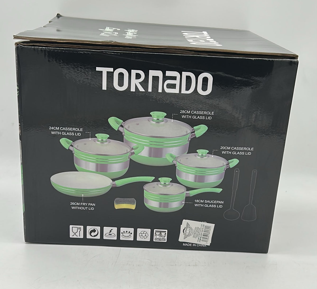 Tornado 12-Piece Green Cookware Set with Ceramic Coating, Glass Lids, Casserole Pots, Saucepan, Frying Pan and Utensils
